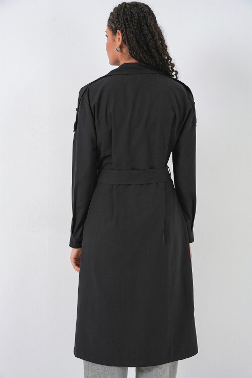 Kadın Kruvaze Yaka Trençkot 5978 - Siyah