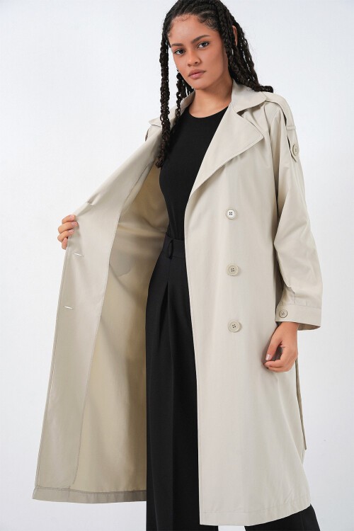 Kadın Kruvaze Yaka Trençkot 5978 - Taş