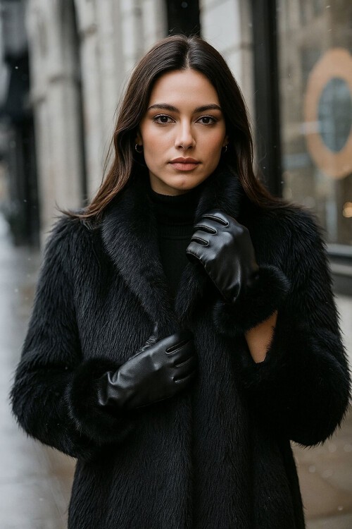 Kadın Kürk Detaylı Suni Deri Eldiven 010193 - Siyah