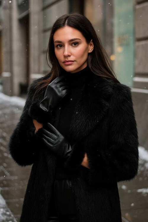 Kadın Kürk Detaylı Suni Deri Eldiven 010193 - Siyah