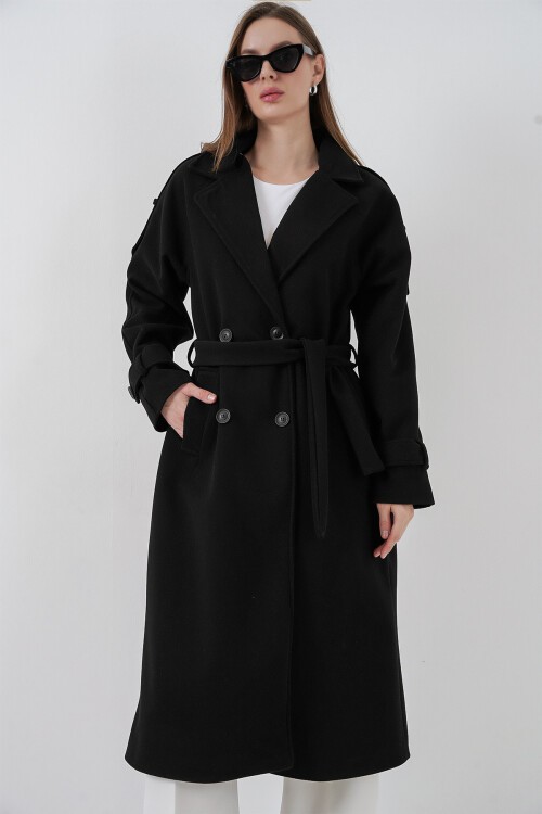 Kadın Kuşaklı Kaşe Kaban 9161 - Siyah