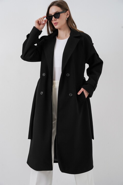 Kadın Kuşaklı Kaşe Kaban 9161 - Siyah