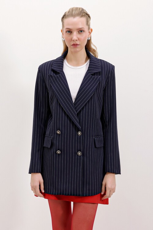Kadın Lacivert Çift Düğmeli Çizgili Blazer Ceket 0699