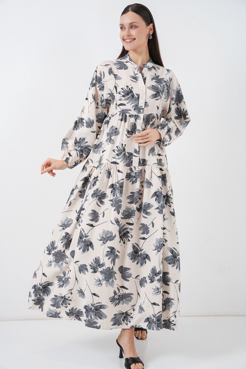 Kadın Lilyum Kumaş Uzun Tesettür Elbise 2593 - Gri