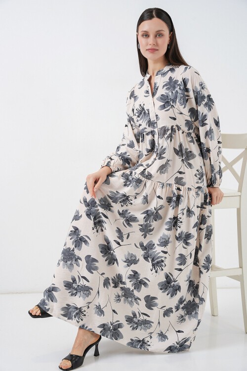 Kadın Lilyum Kumaş Uzun Tesettür Elbise 2593 - Gri