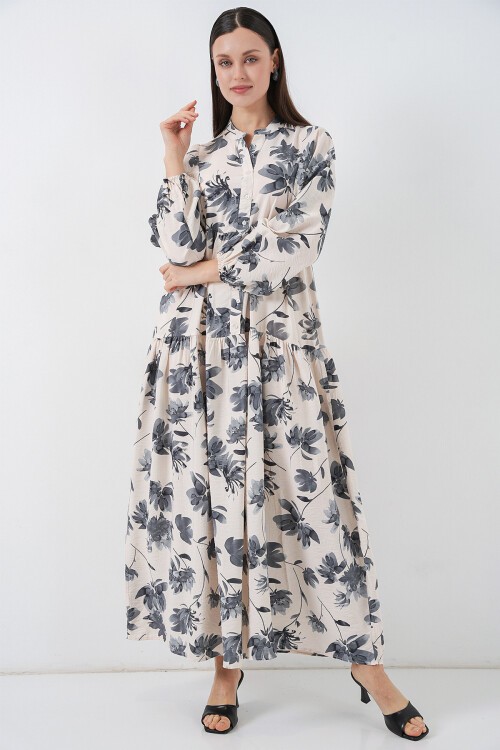 Kadın Lilyum Kumaş Uzun Tesettür Elbise 2593 - Gri