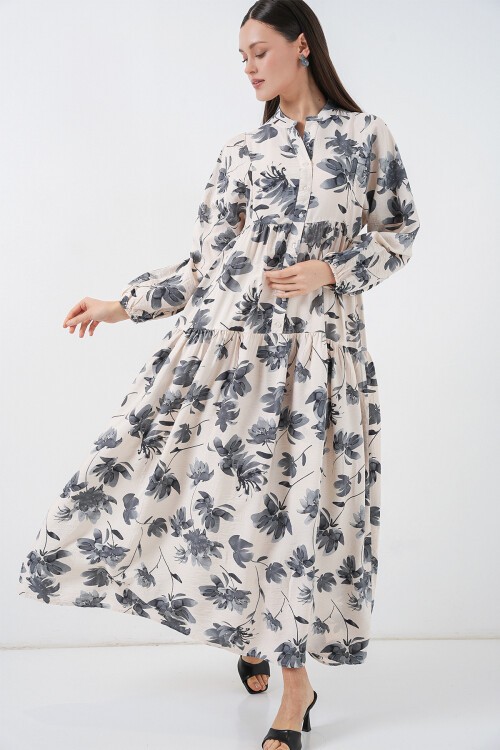 Kadın Lilyum Kumaş Uzun Tesettür Elbise 2593 - Gri