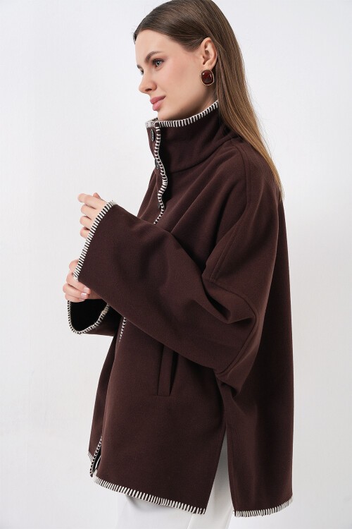 Kadın Nakışlı Kaşe Ceket 9167 - Kahverengi