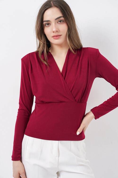 Kadın Omuz Vatkalı Kruvaze Yaka Bluz 942 - Bordo