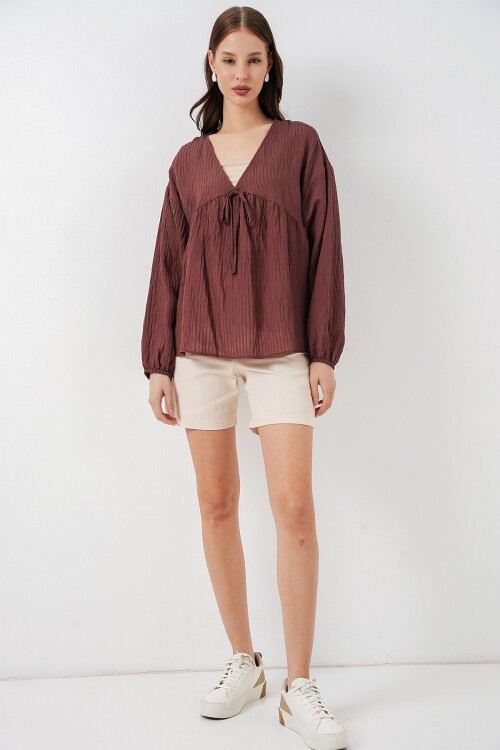 Kadın Önü Bağcıklı Uzun Kol Bluz 946 - Kahverengi