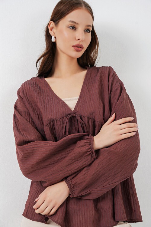 Kadın Önü Bağcıklı Uzun Kol Bluz 946 - Kahverengi