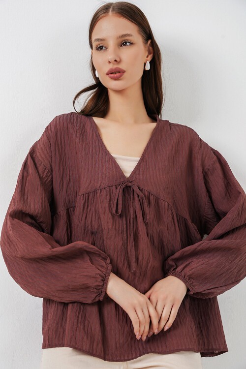 Kadın Önü Bağcıklı Uzun Kol Bluz 946 - Kahverengi