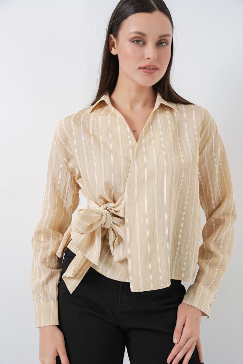 Kadın Önü Bağlamalı Çizgili Gömlek 20362 - Bej