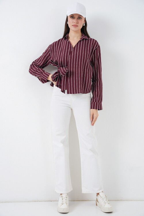 Kadın Önü Bağlamalı Çizgili Gömlek 20362 - Bordo