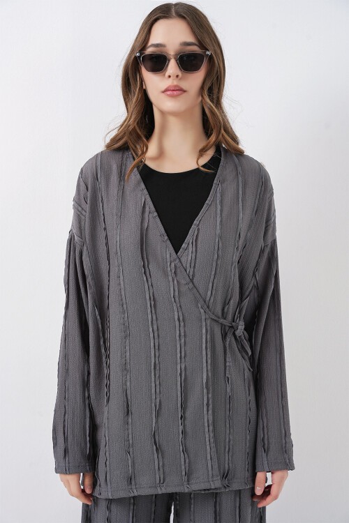 Kadın Örme Kimono Pantolon İkili Takım 30067 - Gri