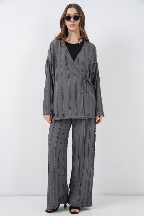 Kadın Örme Kimono Pantolon İkili Takım 30067 - Gri