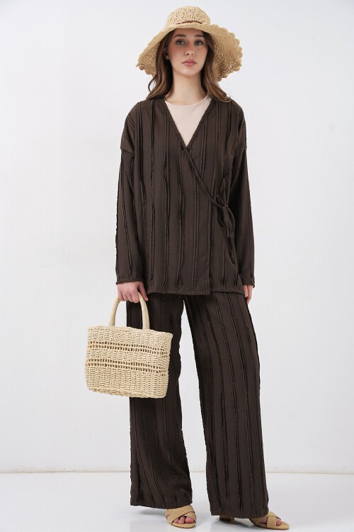 Kadın Örme Kimono Pantolon İkili Takım 30067 - Kahverengi