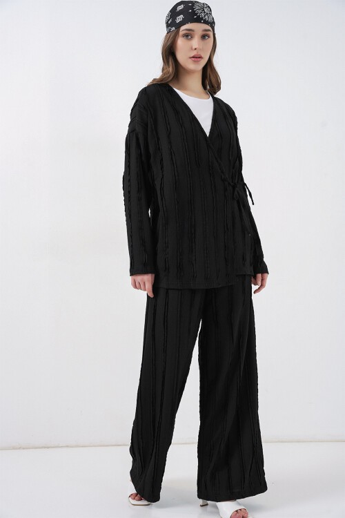Kadın Örme Kimono Pantolon İkili Takım 30067 - Siyah
