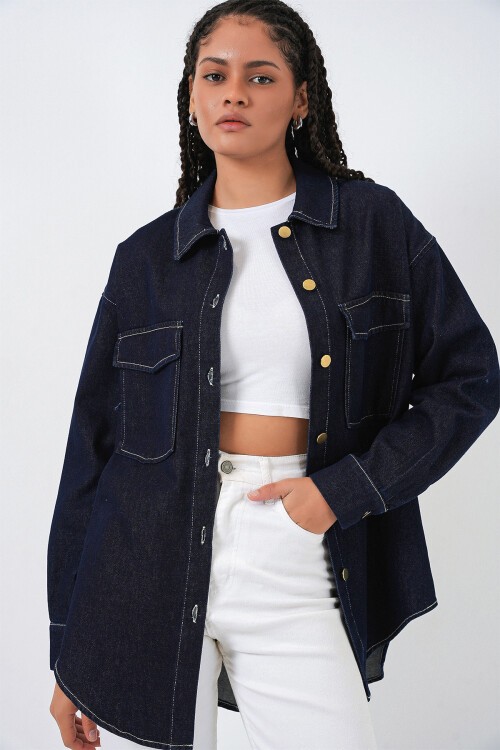 Kadın Oversize Çift Cepli Kot Gömlek 20364 - Koyu Mavi