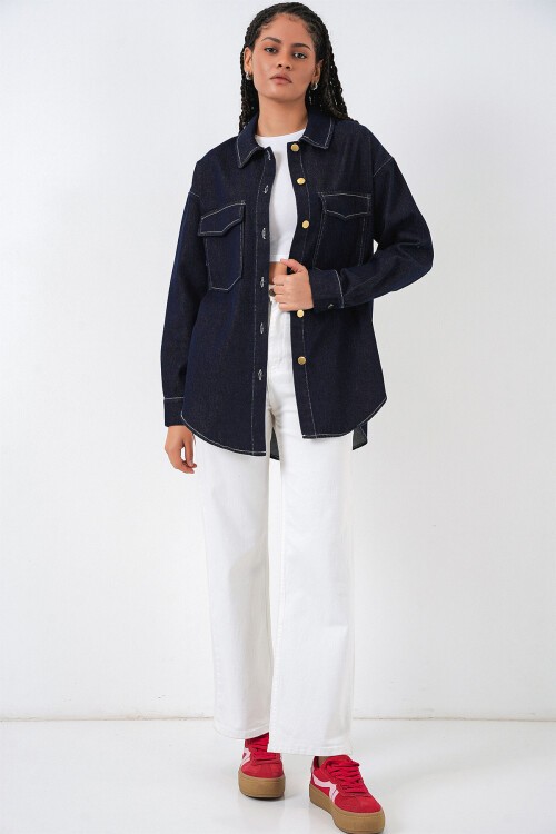 Kadın Oversize Çift Cepli Kot Gömlek 20364 - Koyu Mavi