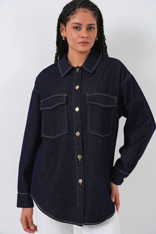 Kadın Oversize Çift Cepli Kot Gömlek 20364 - Koyu Mavi