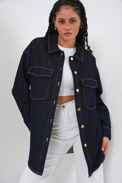 Kadın Oversize Çift Cepli Kot Gömlek 20364 - Koyu Mavi