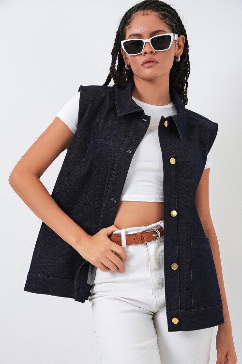 Kadın Oversize Çift Cepli Kot Yelek 6810 - Koyu Mavi