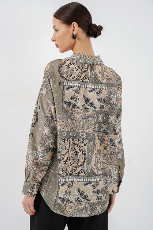 Kadın Oversize Desenli Saten Gömlek 20365 - Çağla