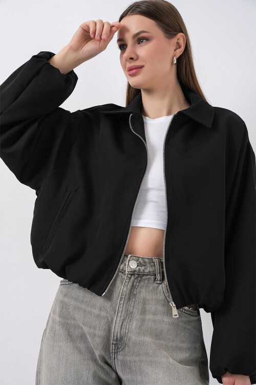 Kadın Oversize Fermuarlı Ceket 0735 - Siyah