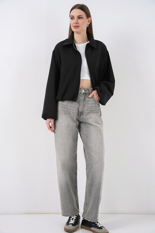 Kadın Oversize Fermuarlı Ceket 0735 - Siyah