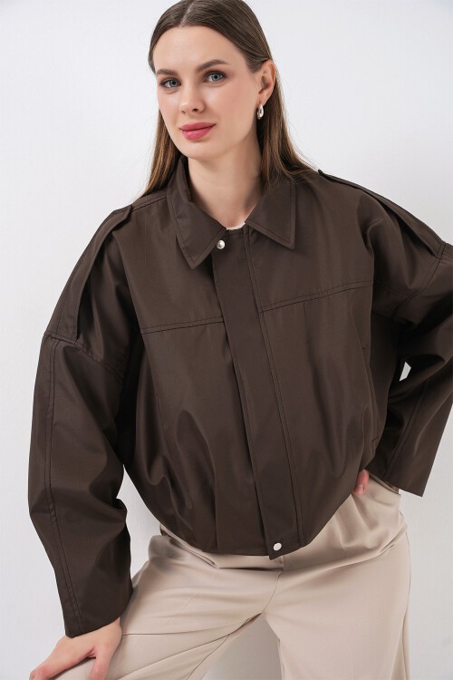 Kadın Oversize Kısa Ceket 0732 - Kahverengi