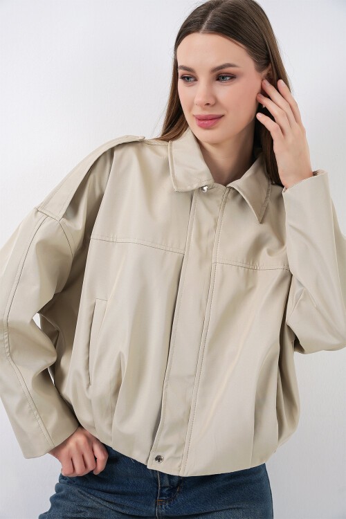 Kadın Oversize Kısa Ceket 0732 - Taş