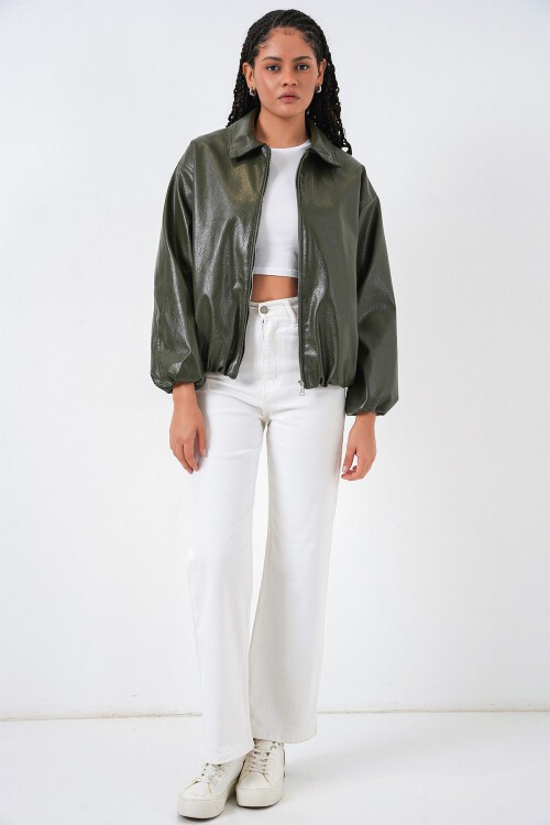 Kadın Oversize Suni Deri Ceket 1049 - Haki