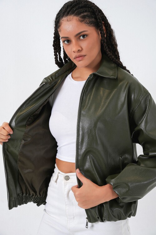 Kadın Oversize Suni Deri Ceket 1049 - Haki