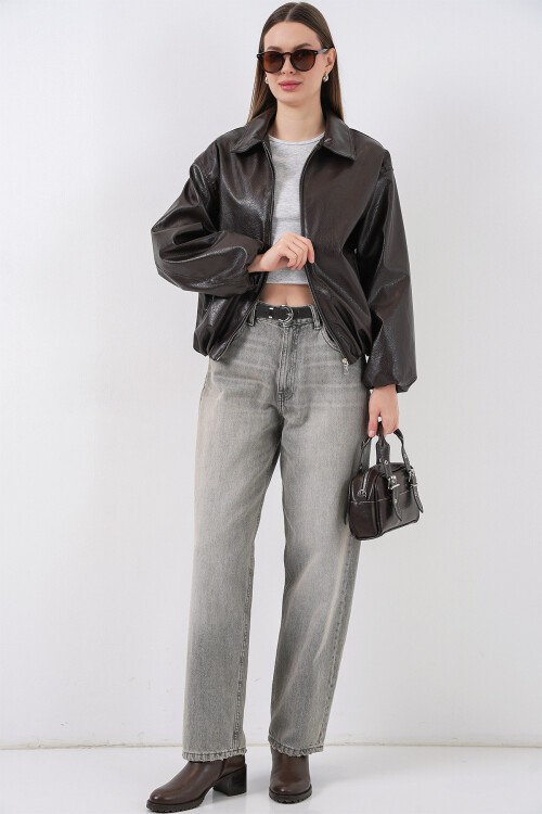 Kadın Oversize Suni Deri Ceket 1049 - Kahverengi