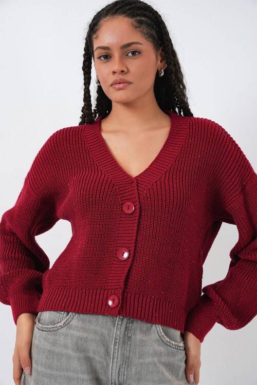 Kadın Oversize Triko Hırka 15966 - Bordo