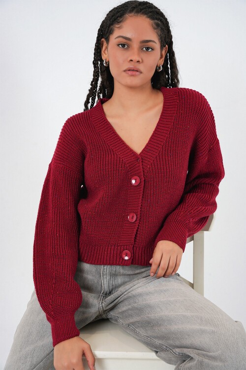 Kadın Oversize Triko Hırka 15966 - Bordo