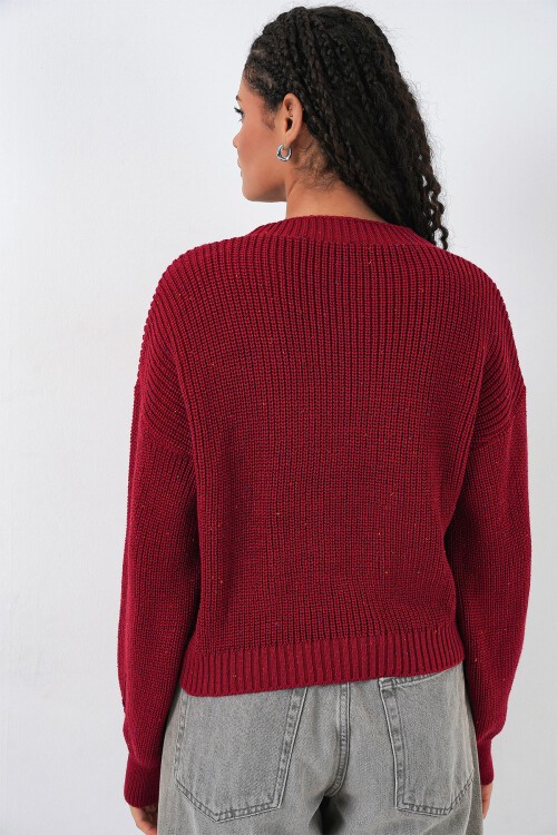 Kadın Oversize Triko Hırka 15966 - Bordo