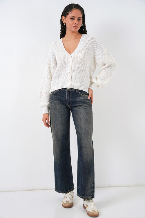 Kadın Oversize Triko Hırka 15966 - Ekru