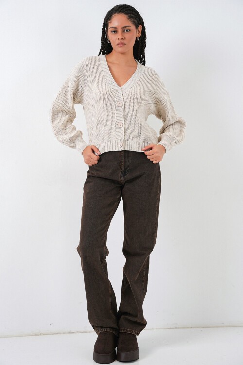 Kadın Oversize Triko Hırka 15966 - Krem