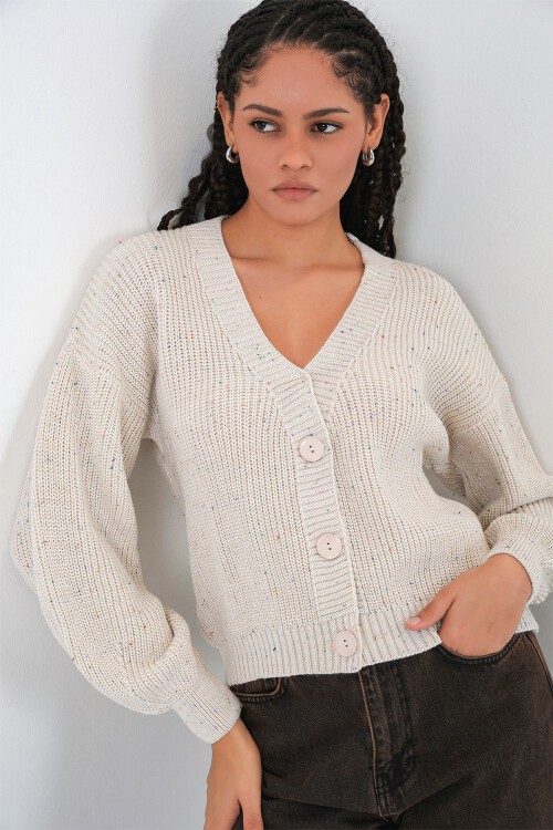 Kadın Oversize Triko Hırka 15966 - Krem