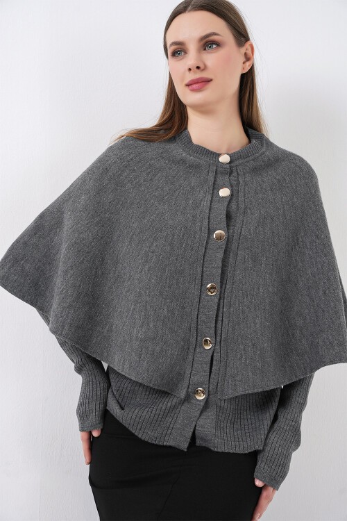 Kadın Pelerinli Triko Hırka 15967 - Antrasit