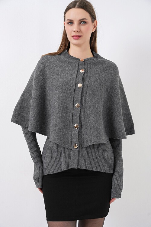 Kadın Pelerinli Triko Hırka 15967 - Antrasit