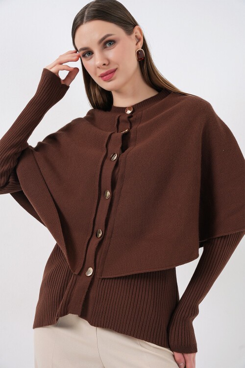 Kadın Pelerinli Triko Hırka 15967 - Kahverengi