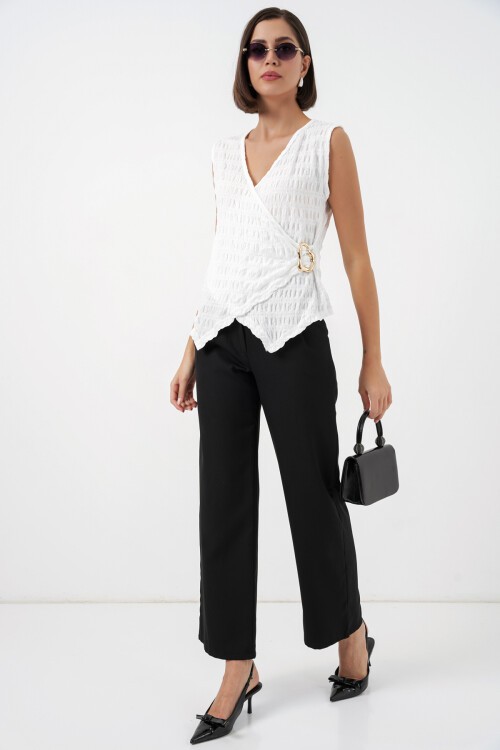 Kadın Sıfır Kol Örme Bluz 988 - Beyaz