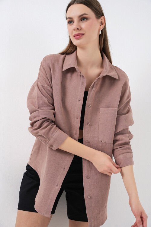 Kadın Tek Cepli Oversize Müslin Gömlek 20353 - Gül Kurusu