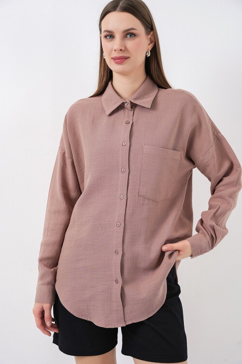 Kadın Tek Cepli Oversize Müslin Gömlek 20353 - Gül Kurusu