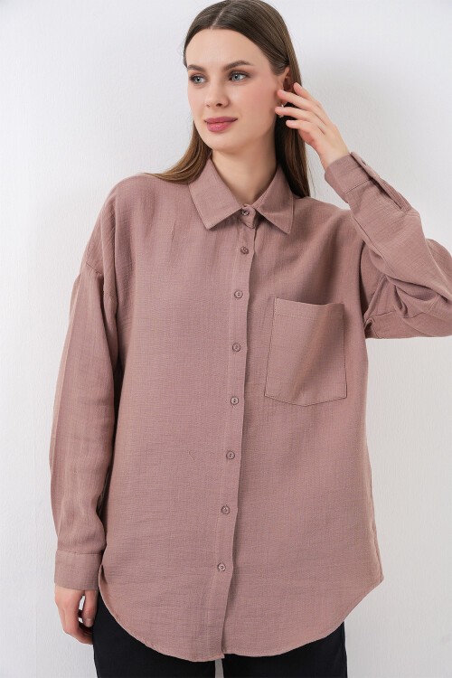Kadın Tek Cepli Oversize Müslin Gömlek 20353 - Gül Kurusu