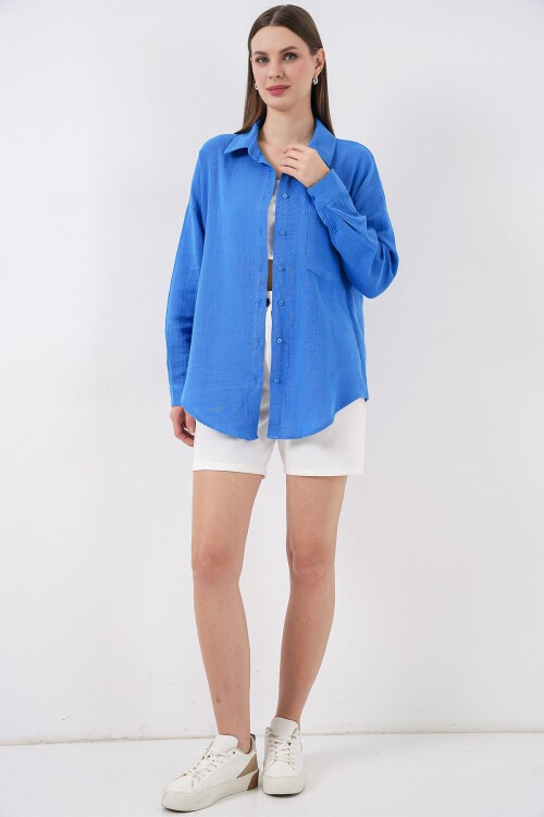 Kadın Tek Cepli Oversize Müslin Gömlek 20353 - Mavi