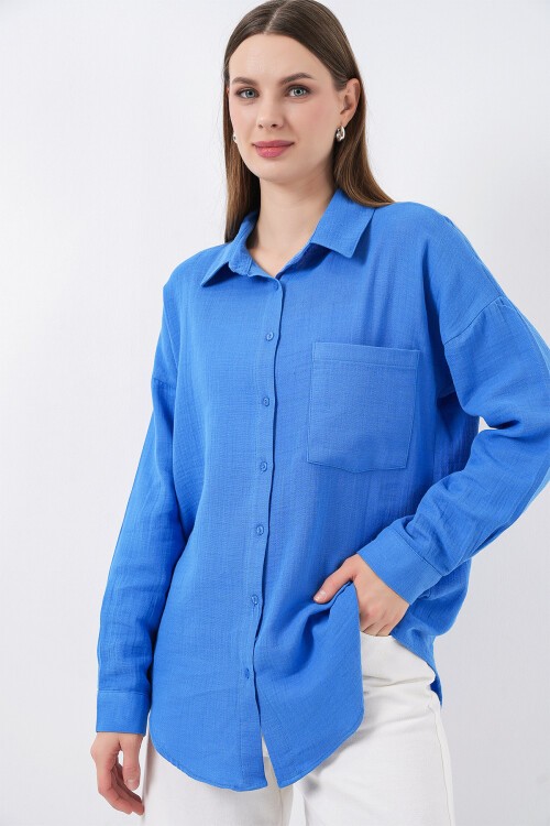 Kadın Tek Cepli Oversize Müslin Gömlek 20353 - Mavi